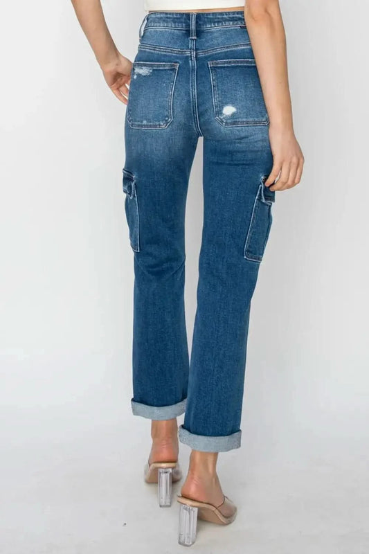 RISEN Full Size High Rise Cargo Ankle Roll Up Straight Jeans in - photo