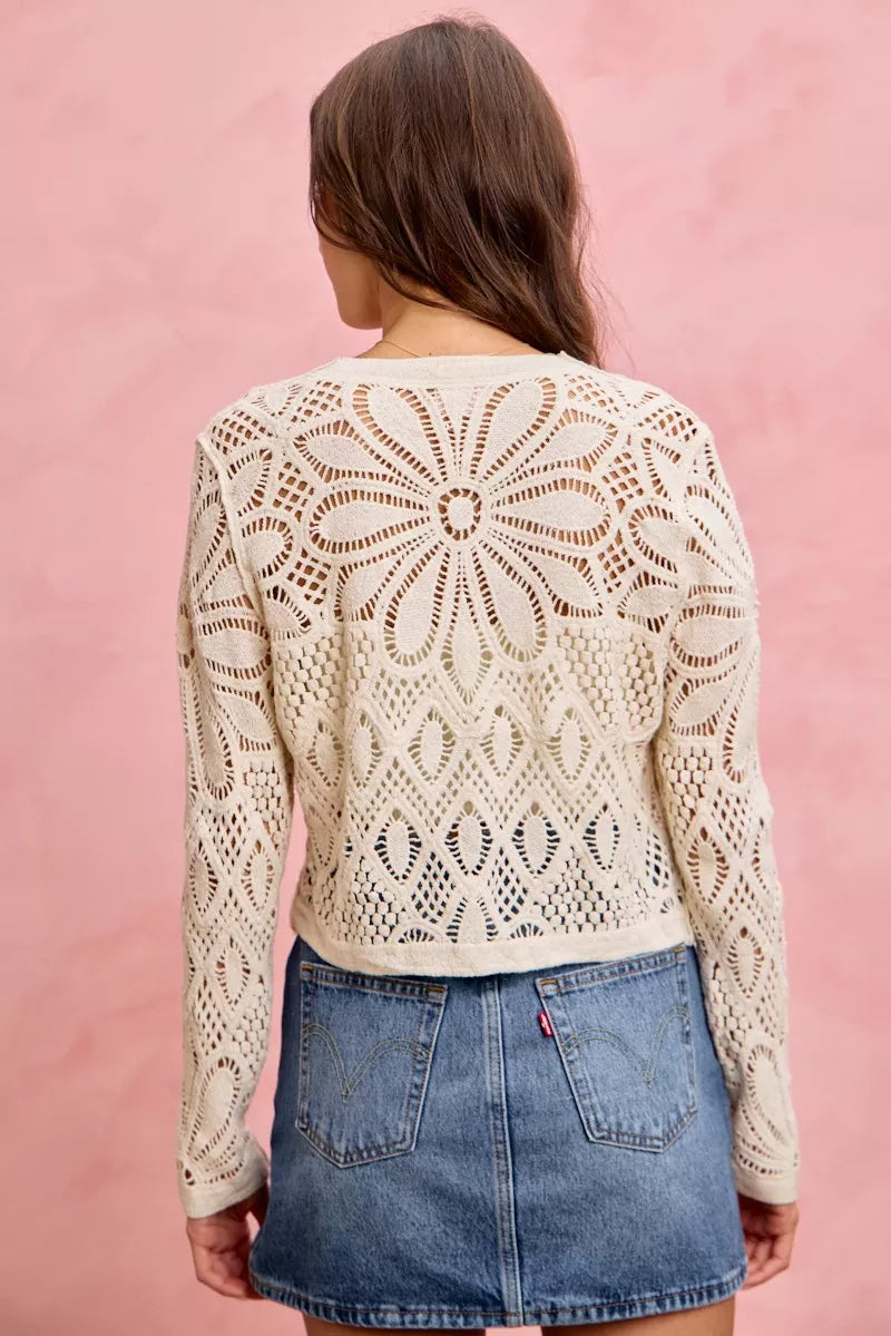 SO ME Crochet Knit Long Sleeves Cardigan Sweater in - photo