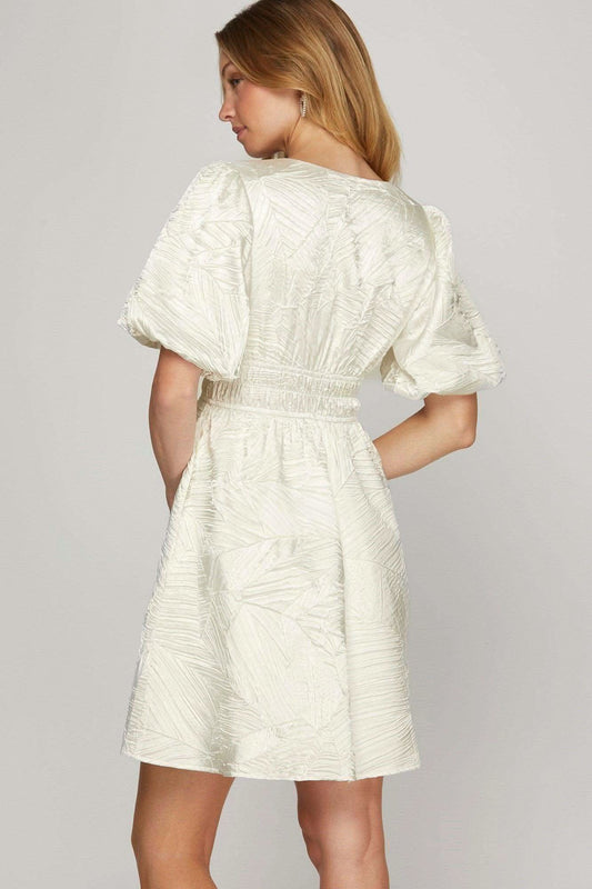 She + Sky Crinkle Woven V-Neck Balloon Sleeve Mini Dress in - photo