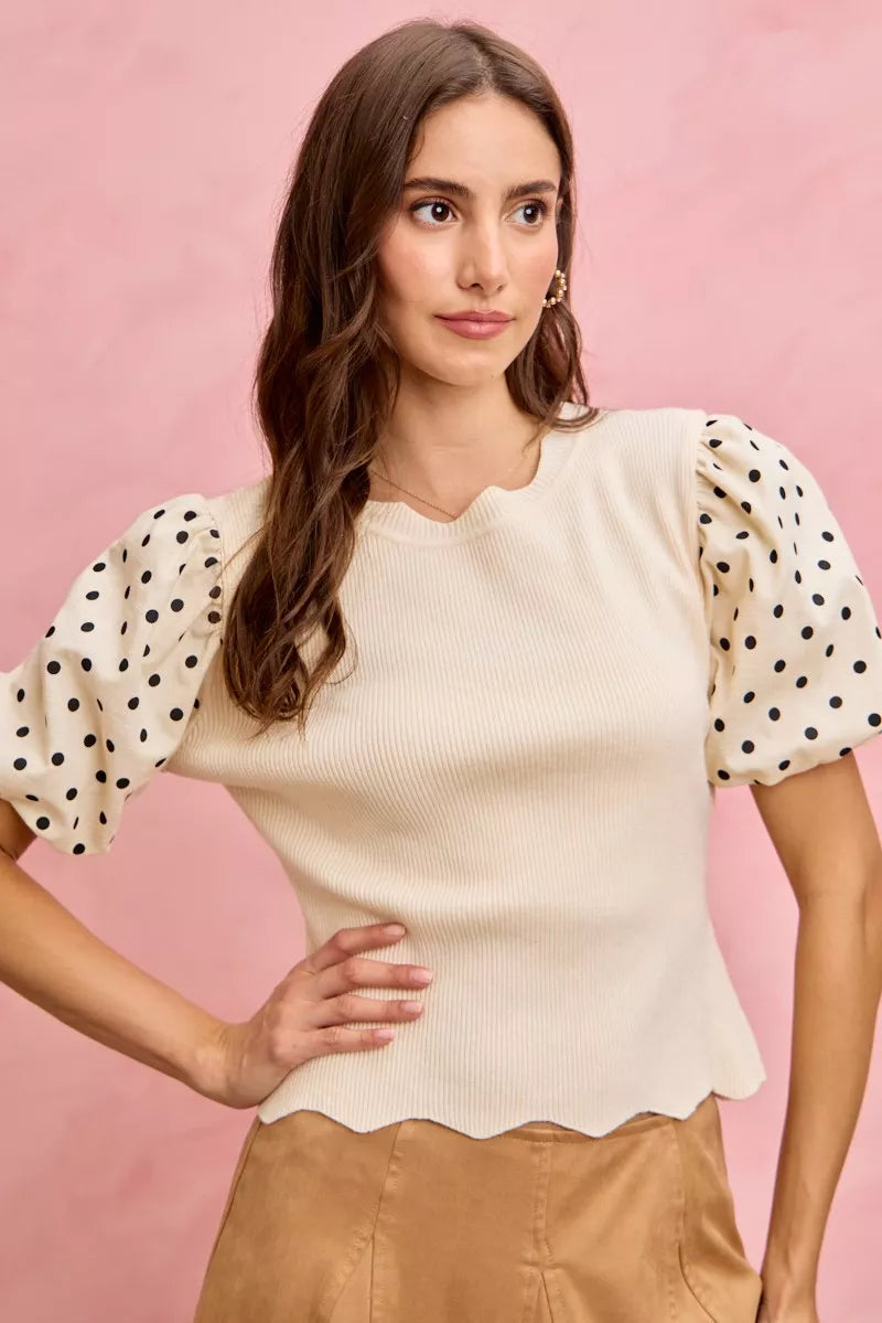 SO ME Polka Dot Contrast Woven Ballon Sleeve Blouse in - photo