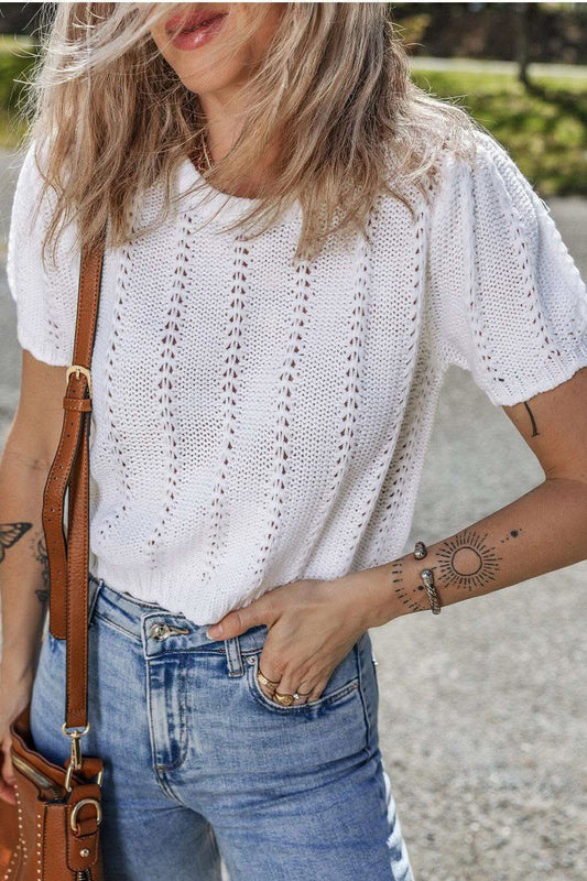 Openwork Round Neck Short Sleeve Knit Top in - photo