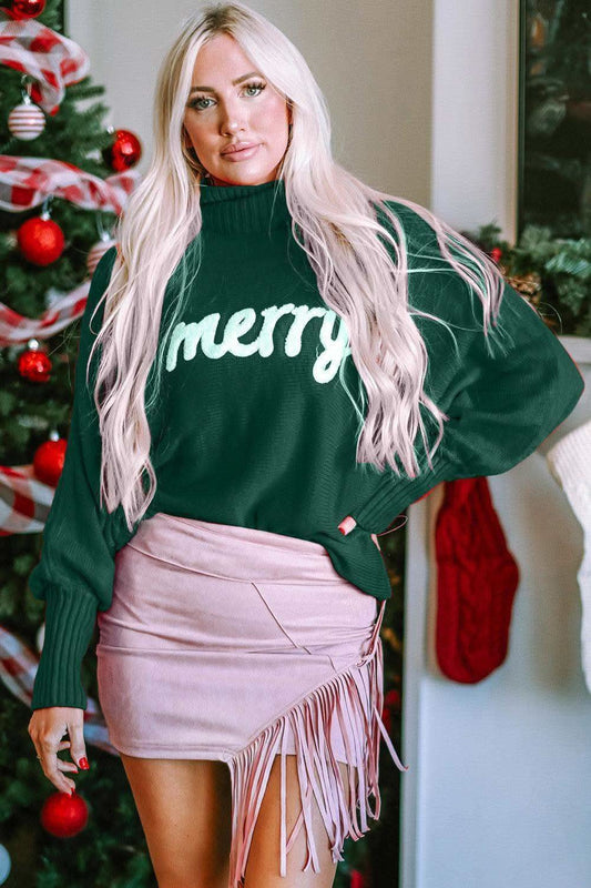 Double Take Full Size Merry Christmas Turtleneck Long Sleeve Sweater in - photo