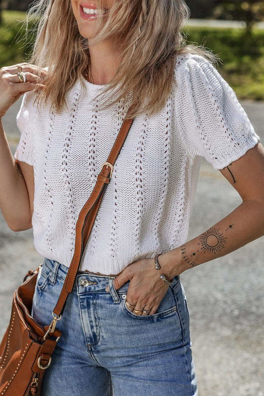 Openwork Round Neck Short Sleeve Knit Top in White - photo