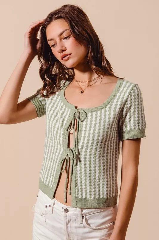 SO ME Tie Front Textured Vertical Stripe Knit Cardigan in - photo
