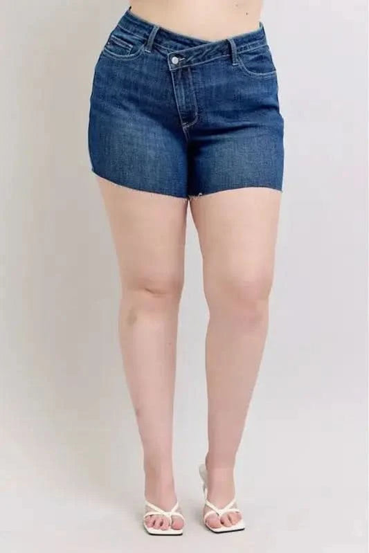 Judy Blue Plus Size High Waist Criss-Cross Waistband Denim Shorts in - photo
