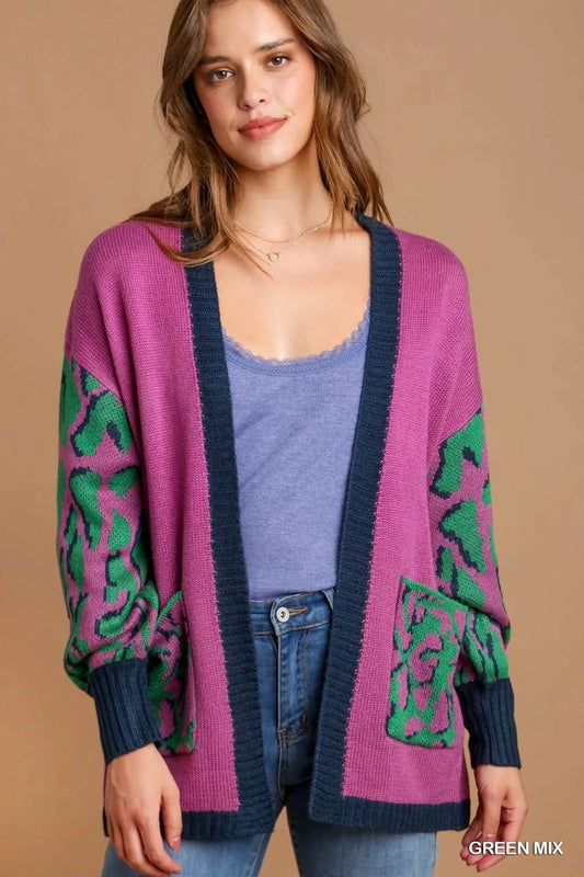 Umgee Animal Print Open Front Sweater Cardigan in GREEN MIX - photo