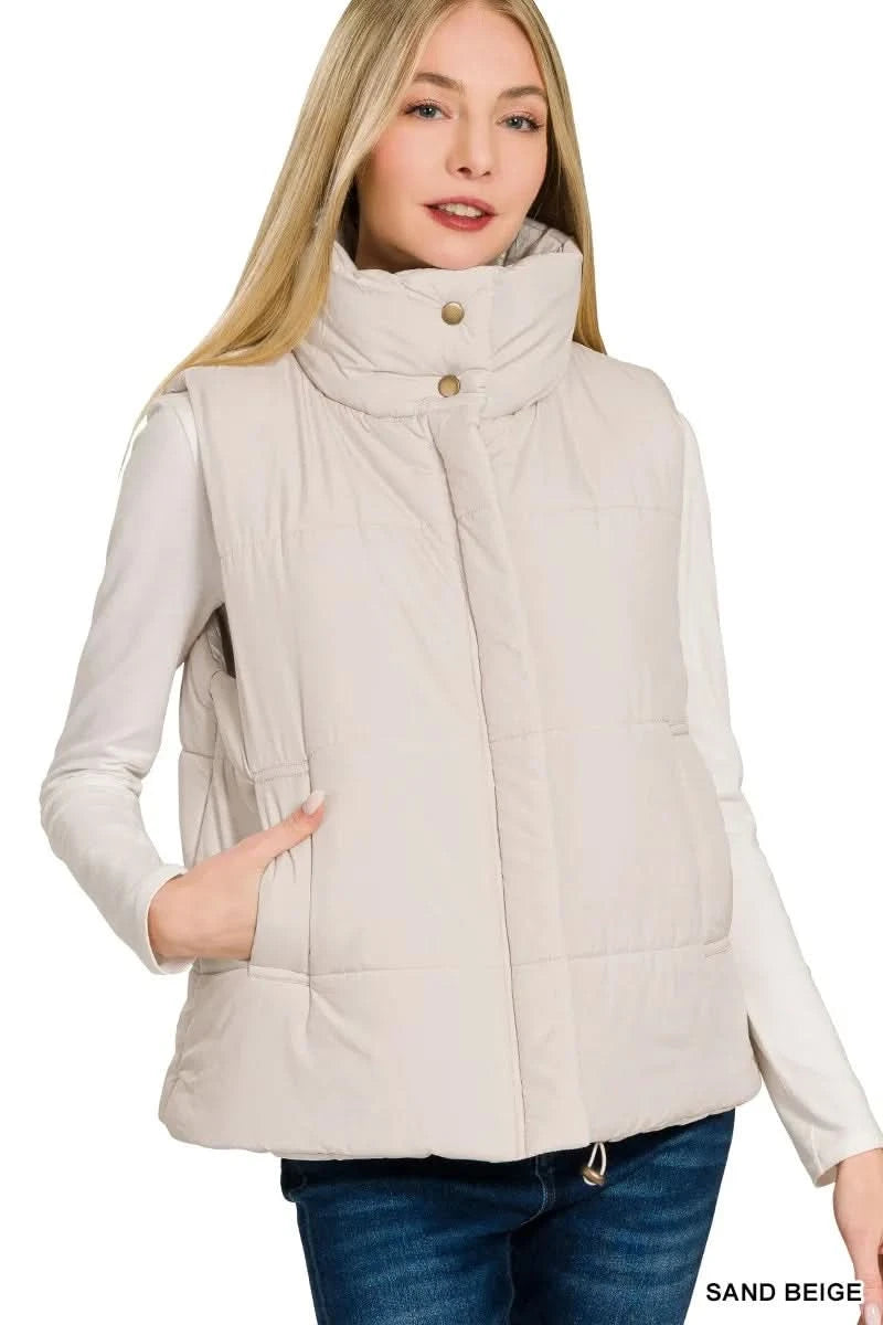 Zenana High Neck Zip-Up Vest Coat in SAND BEIGE - photo