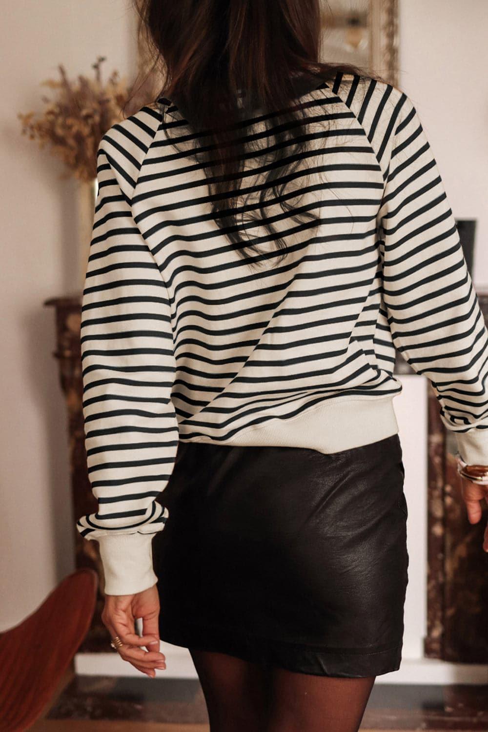 CIAO AMORE Decorative Button Striped Long Sleeve Sweatshirt