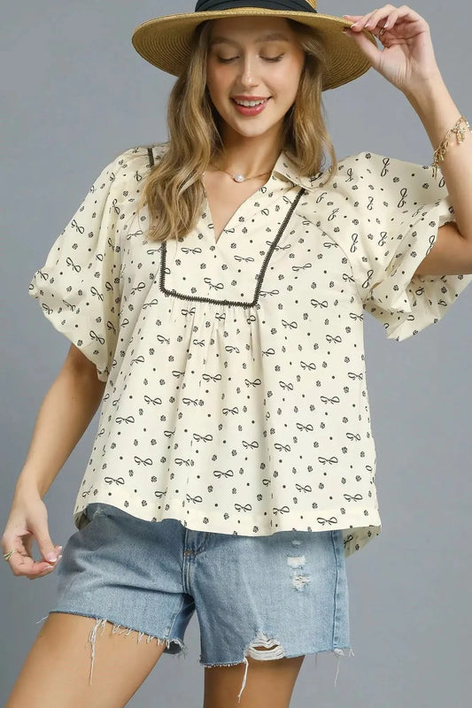 Umgee Bow Print Puff Sleeve Blouse in - photo