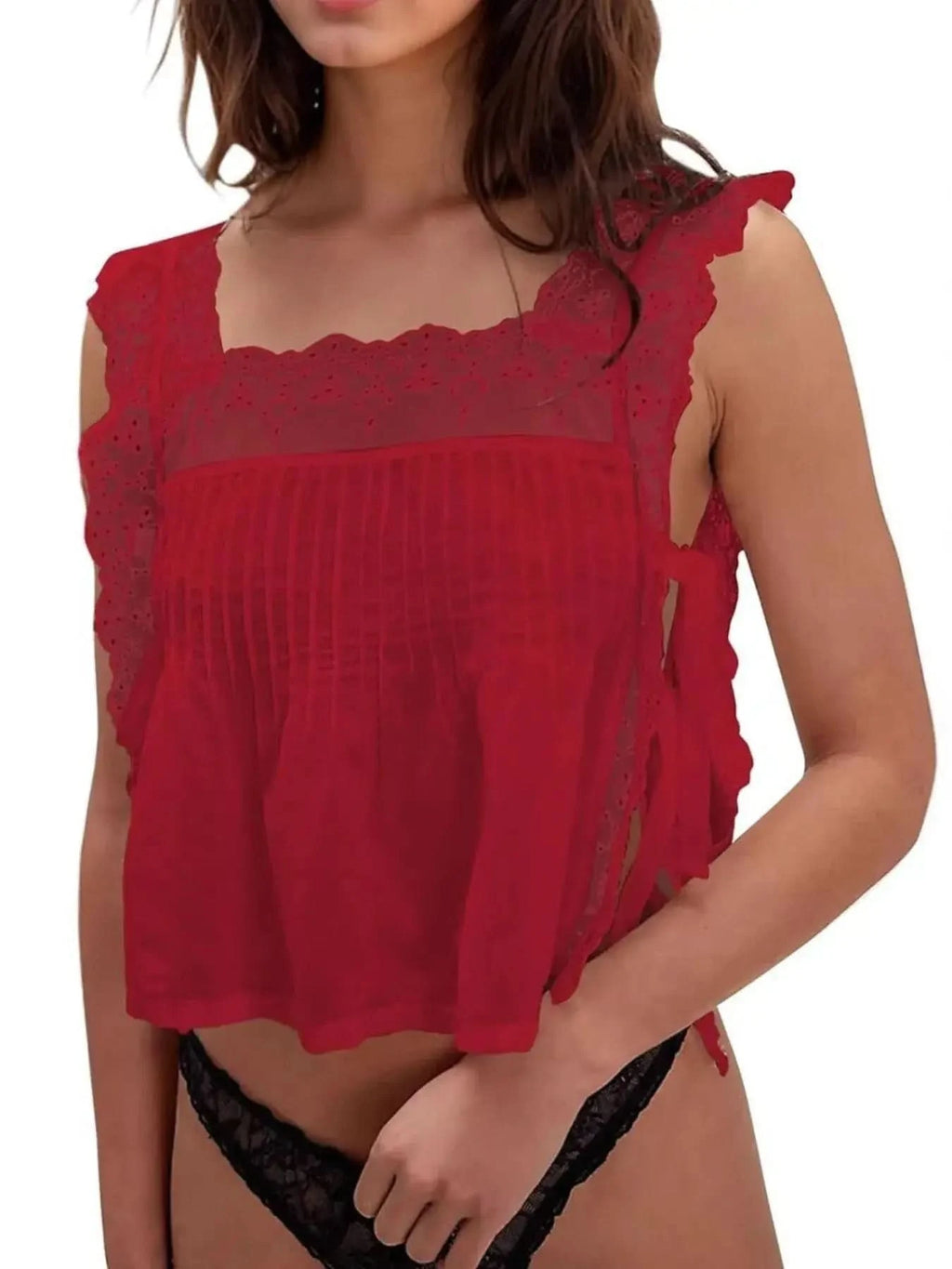 Lace-Trimmed Eyelet Square Neck Top - SwagglyLife Home & Fashion