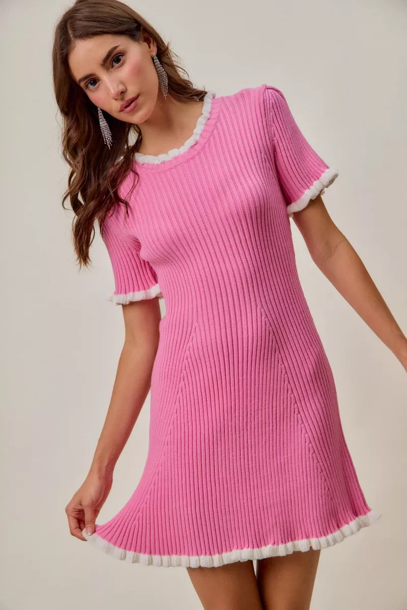 SO ME Contrast Ruffled Sweater Knit Mini Dress in - photo