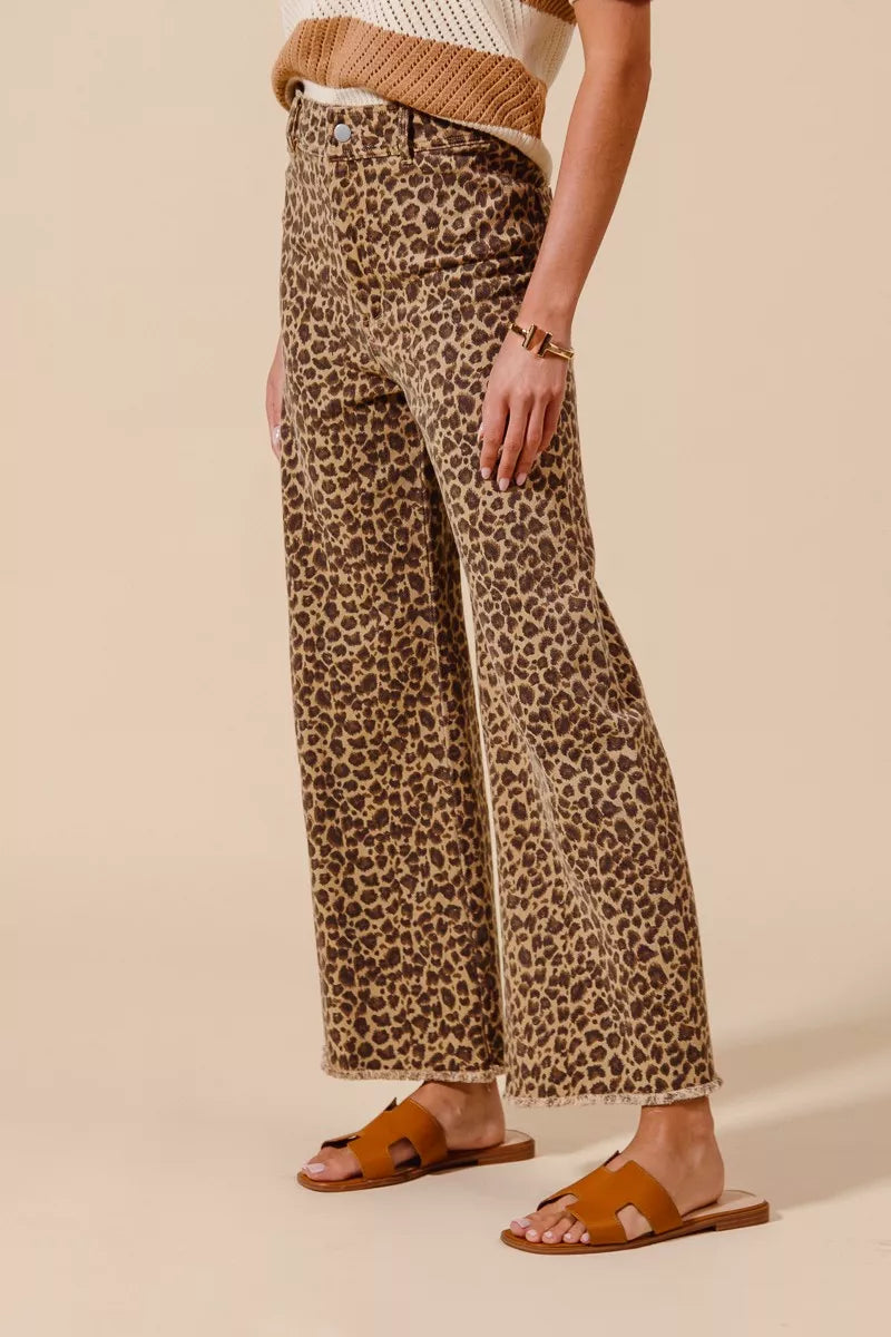 SO ME Mid Rise Leopard Twill Frayed Hem Wide Leg Pants - SwagglyLife Home & Fashion
