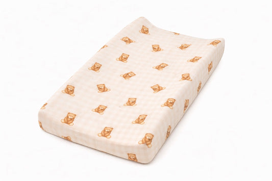 Beige Teddy Gingaham Changing Pad Cover in - photo