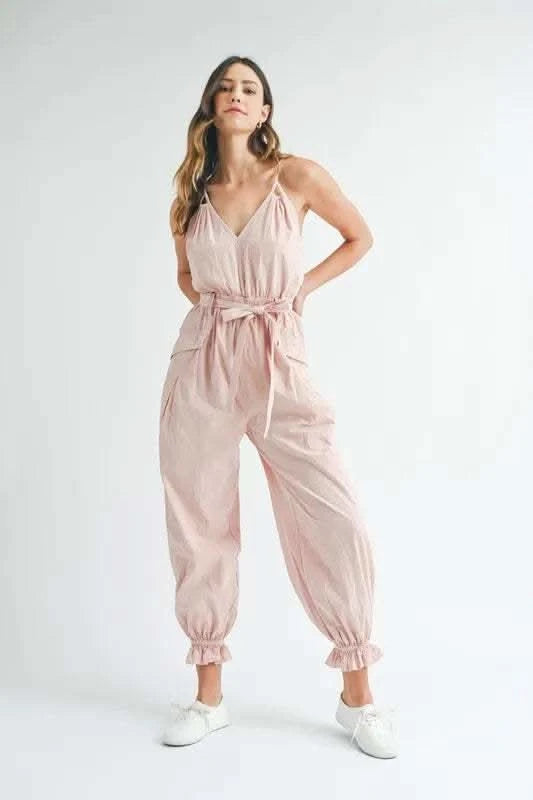 MABLE Washed Fabric Spaghetti Strap Waist Belted Jumpsuit in - photo