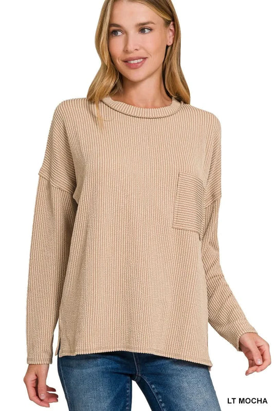 Zenana Long Sleeve Drop Shoulder Rib Top in LT MOCHA - photo