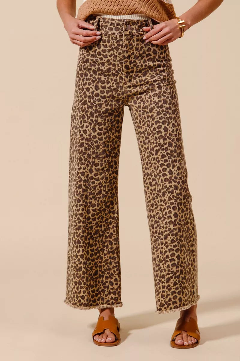 SO ME Mid Rise Leopard Twill Frayed Hem Wide Leg Pants - SwagglyLife Home & Fashion