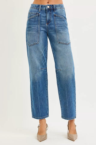 RISEN 4 Way Stretch Mid Rise Barrel Jeans with Patch Pocket Detail in - photo