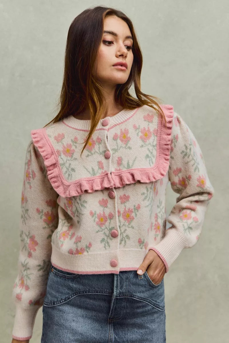 SO ME Flower With Ruffle Detailing Sweater Cardigan in BEIGE PINK - photo