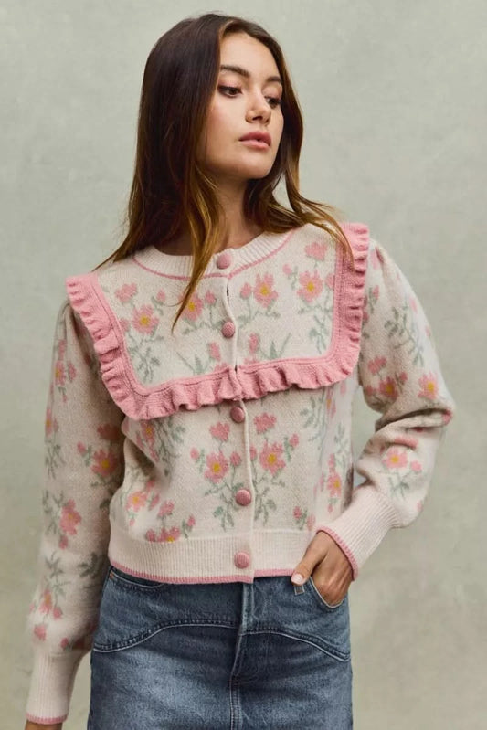 SO ME Flower With Ruffle Detailing Sweater Cardigan in BEIGE PINK - photo