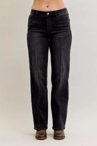Judy Blue Mid Rise Straight Western Seam Detail Jeans in BK - photo