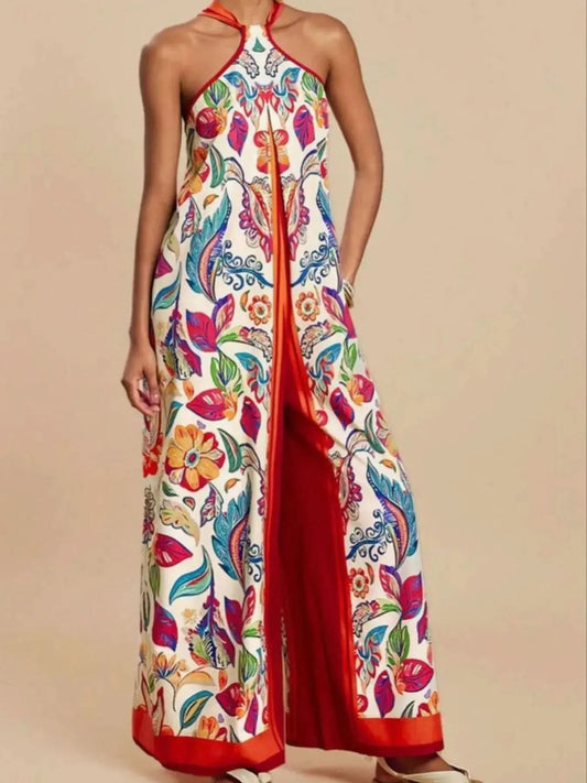 Printed Halter Wide-Leg Jumpsuit in Red - photo