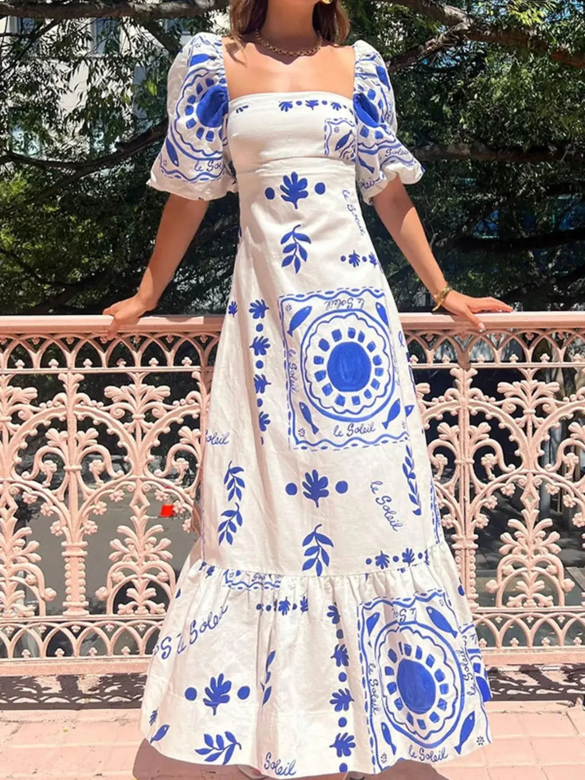 Floral Square Neck Puff Sleeve Maxi Dress with Ruffle Hem in Blue - photo