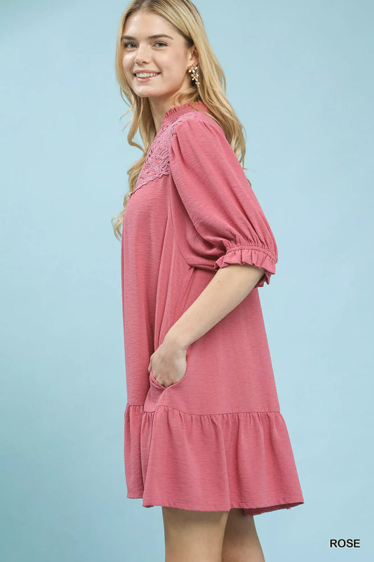 Umgee Lace Yoke Tiered Mini Dress in - photo