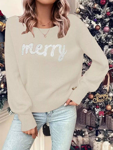 Merry Round Neck Dropped Shoulder Christmas Sweater in Apricot - photo