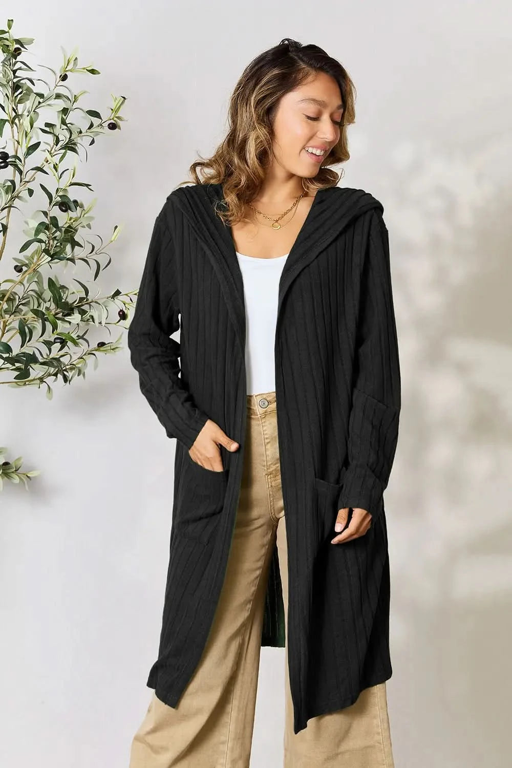 Basic Bae Full Size Hooded Sweater Cardigan - Black