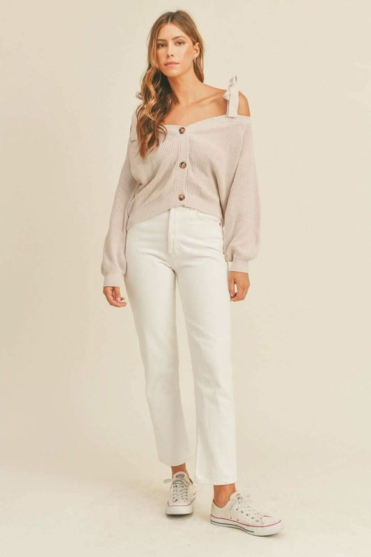MABLE Off Shoulder Self Tie Strap Button Down Sweater in - cardigans photo