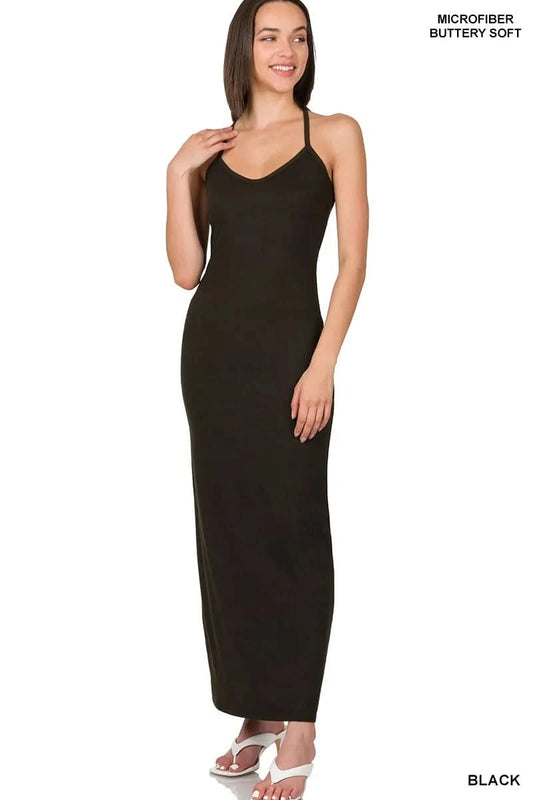 Zenana Brushed Dty Thin Strap Racerback V-Neck Maxi Dress in BLACK - photo