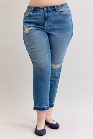 Judy Blue Full Size Mid Rise Bf Patch & Repair Destroy Release Hem Jeans Plus Size in - photo