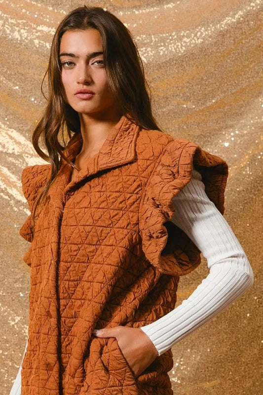 BiBi Quilting Knit Ruffle Sleeve Vest in RUST - photo
