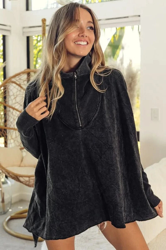 BiBi Vintage Washed Quilted Half Zip Top in BLACK CHARCOAL - photo