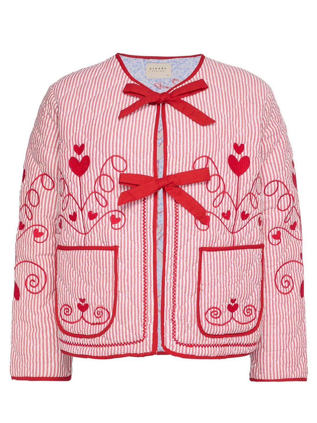 Embroidered Tied Striped Round Neck Coat - SwagglyLife Home & Fashion