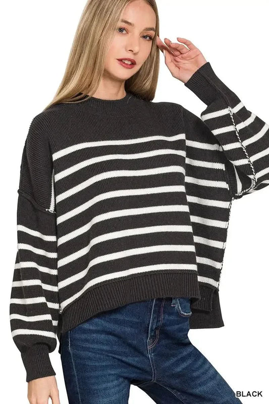 Zenana Exposed Seam Striped Oversized Sweater in BLACK - photo