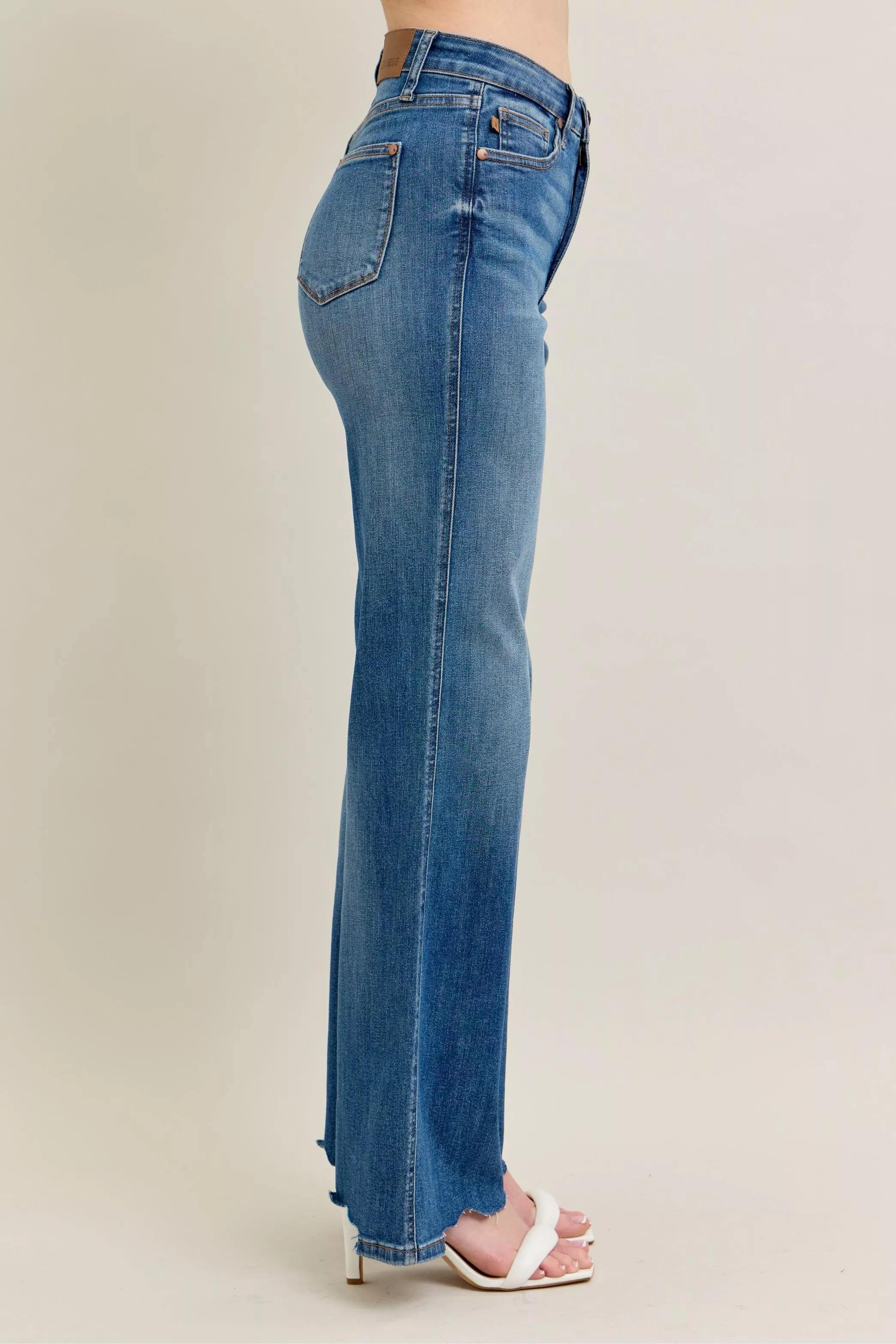 Judy Blue Full Size High Waist Tummy Control Chew Hem Destroy Wide Jeans Plus Size in - photo