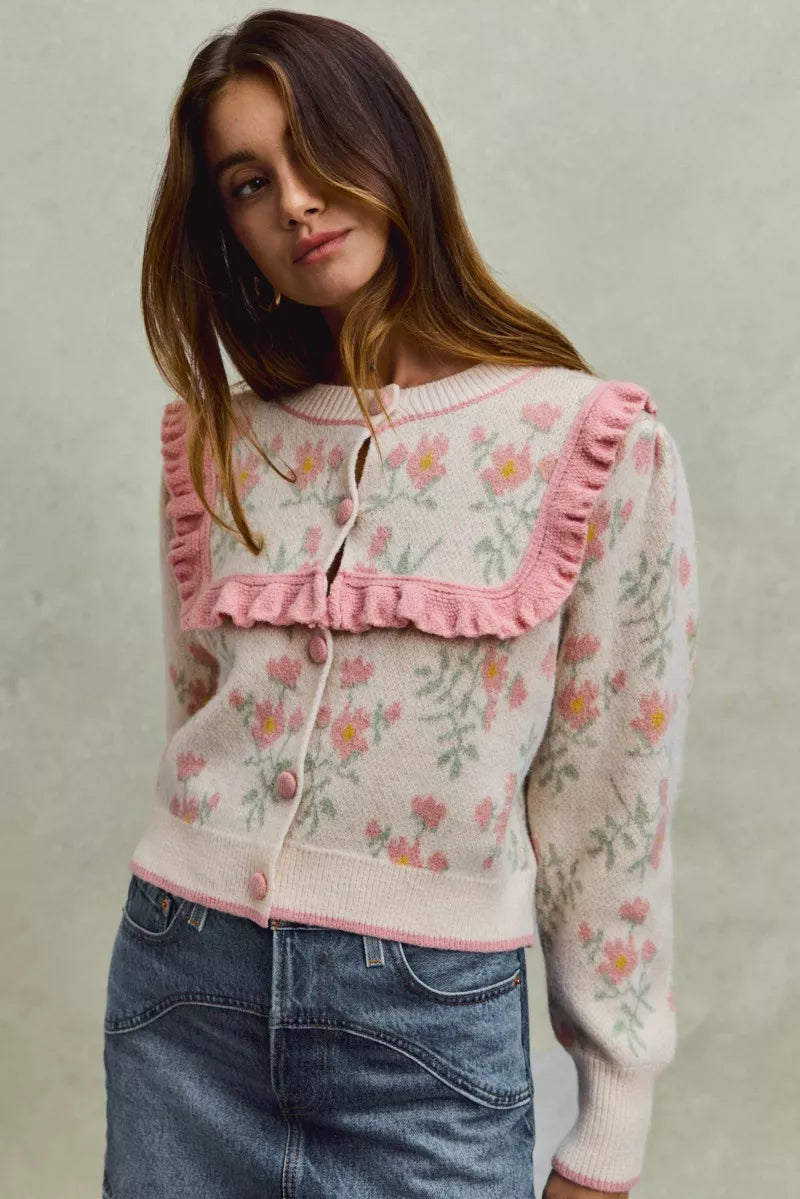 SO ME Flower With Ruffle Detailing Sweater Cardigan in - photo