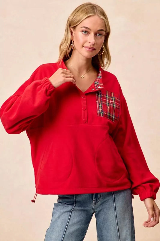 BiBi Christmas Theme Fleece Buttoned Top with Pockets in RED - photo