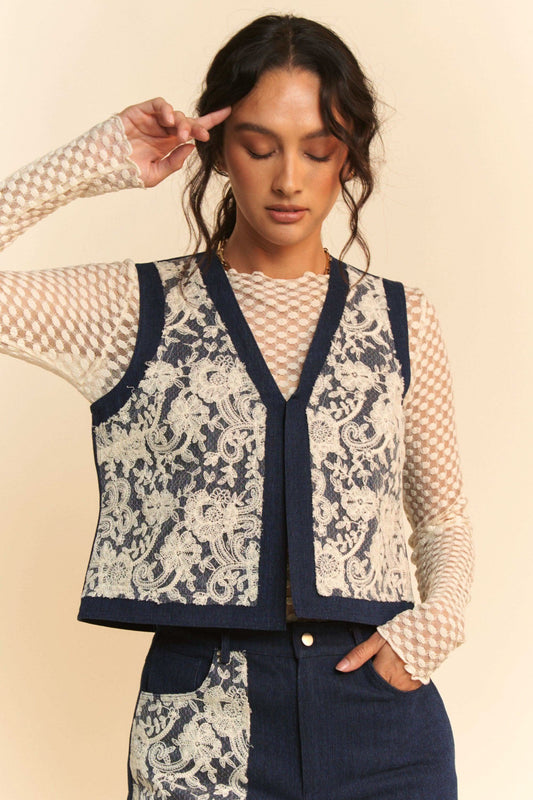 Davi & Dani Lace Patch Open Front Denim Vest in - photo