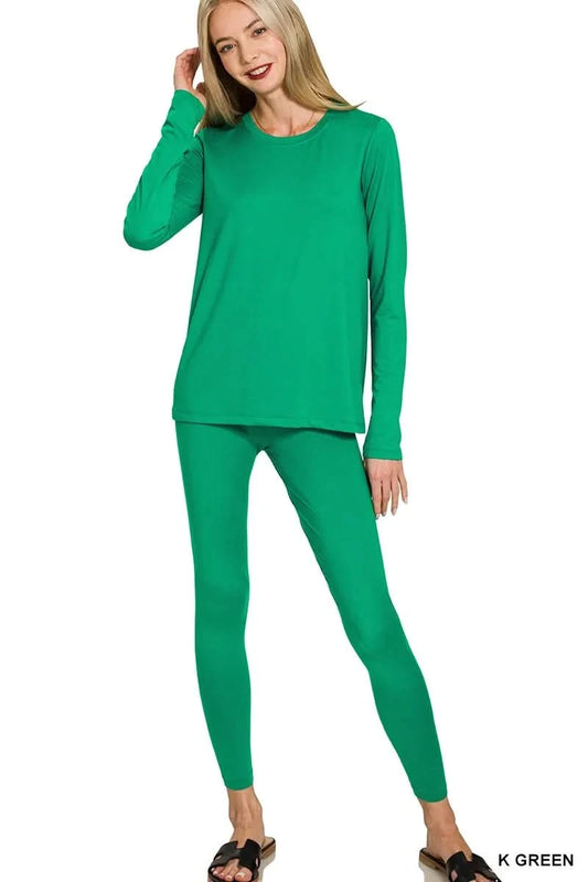 Zenana Microfiber Round Neck Top and Leggings Set in K GREEN - photo