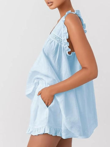 Ruffled V-Neck Top and Shorts Set - SwagglyLife Home & Fashion