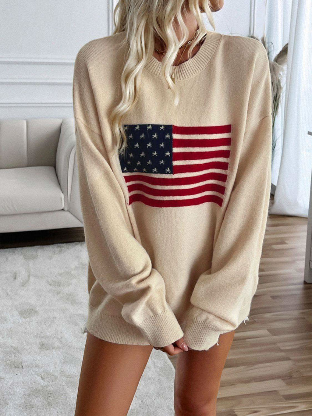 Devine US Flag Round Neck Long Sleeve Knit Top - SwagglyLife Home & Fashion