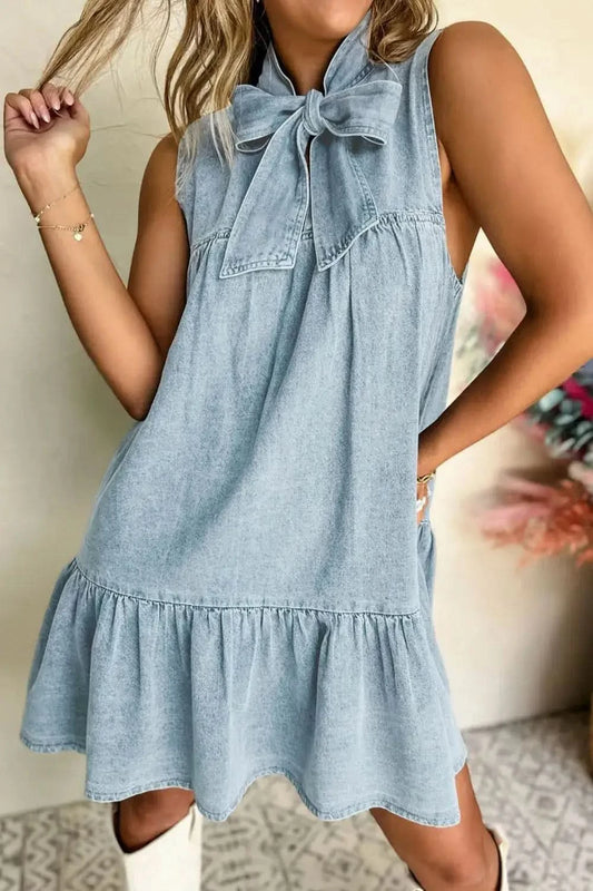 Tie Neck Sleeveless Denim Dress in Light Blue - photo