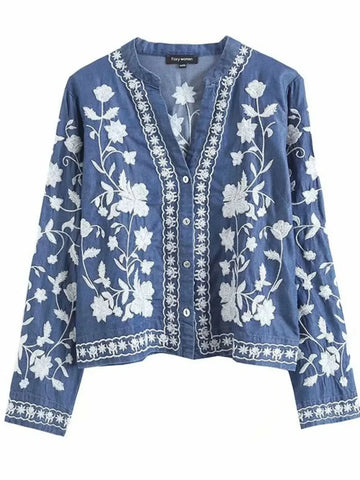 Floral Embroidered Button Up Denim Shirt - SwagglyLife Home & Fashion