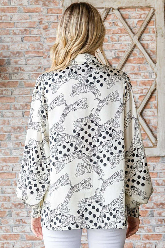 First Love Tiger Print Collared Neck Long Sleeve Satin Shirt in - Shirts & Tops photo
