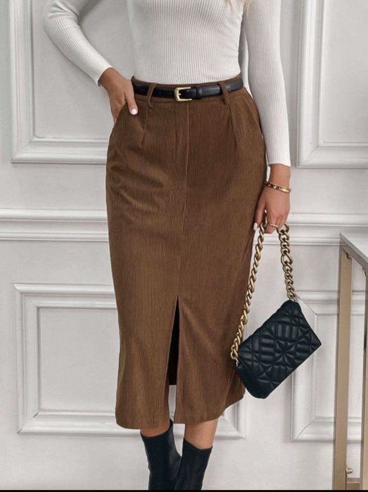 Perfee Slit Midi Skirt with Pockets in Brown - photo