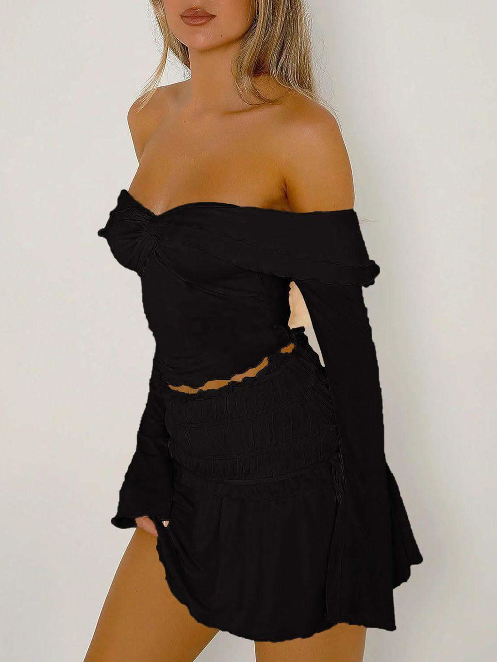 Devine Twisted Ruffled Off-Shoulder Long Sleeve T-Shirt in - tops photo