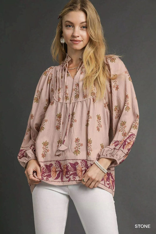 Umgee Floral Boho Peasant Blouse in STONE - photo