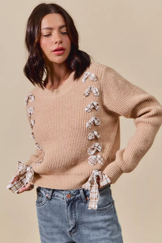 SO ME Checkered Plaid Tape Lace Up Ribbed Sweater - SwagglyLife Home & Fashion